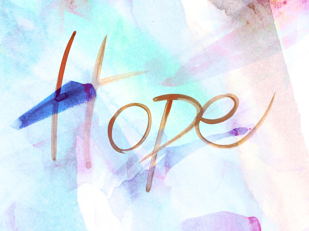 The word Hope written on a multi-colored background