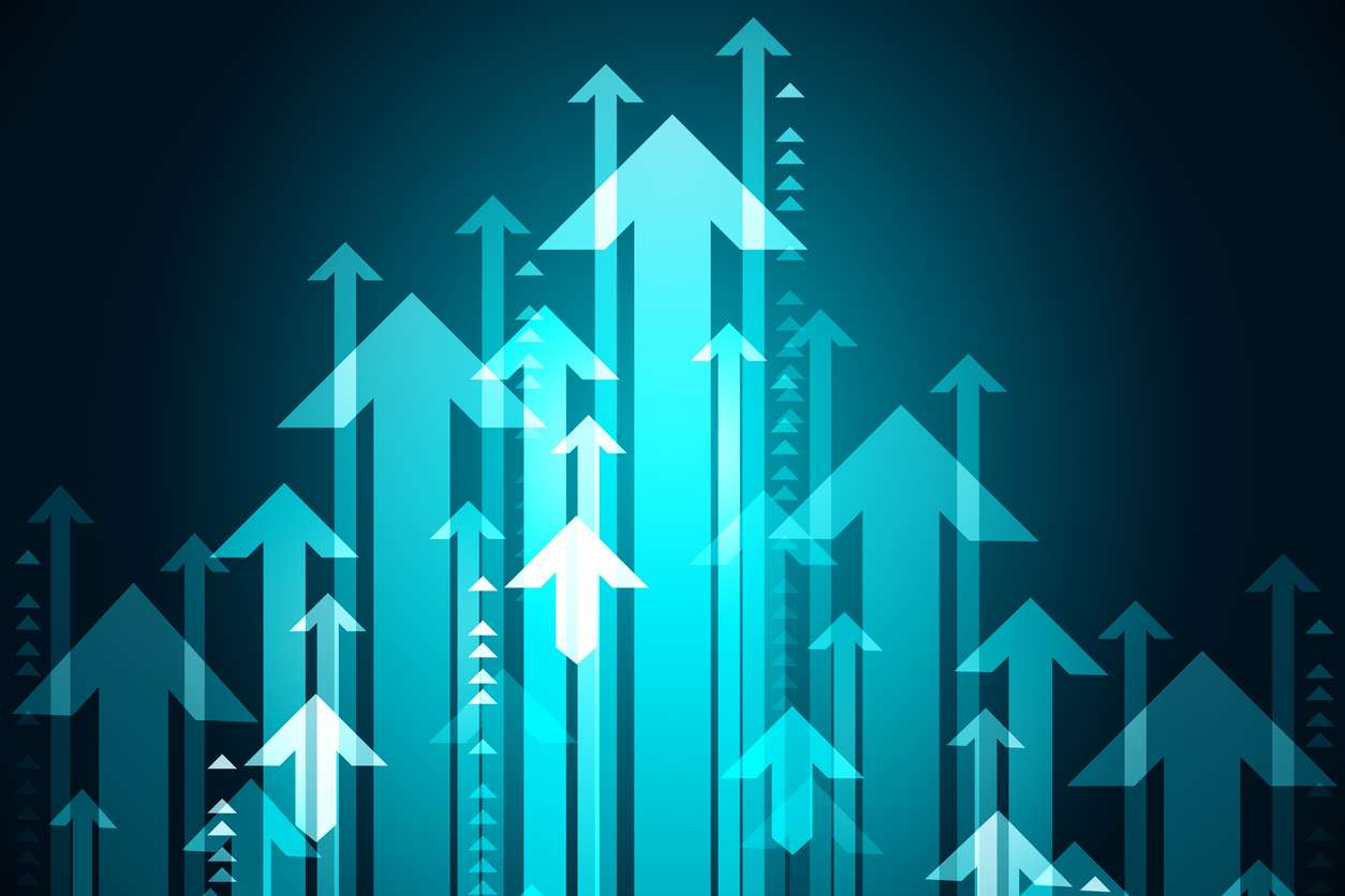 Growth and success concept with lots of blue digital graphic vertical striving up arrows in form of pyramid. 3D rendering