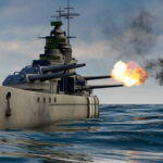 3d illustration of a battleship firing with heavy caliber guns