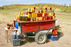 Roadside trailer with local produce for sale, Mendoza, Argentina.