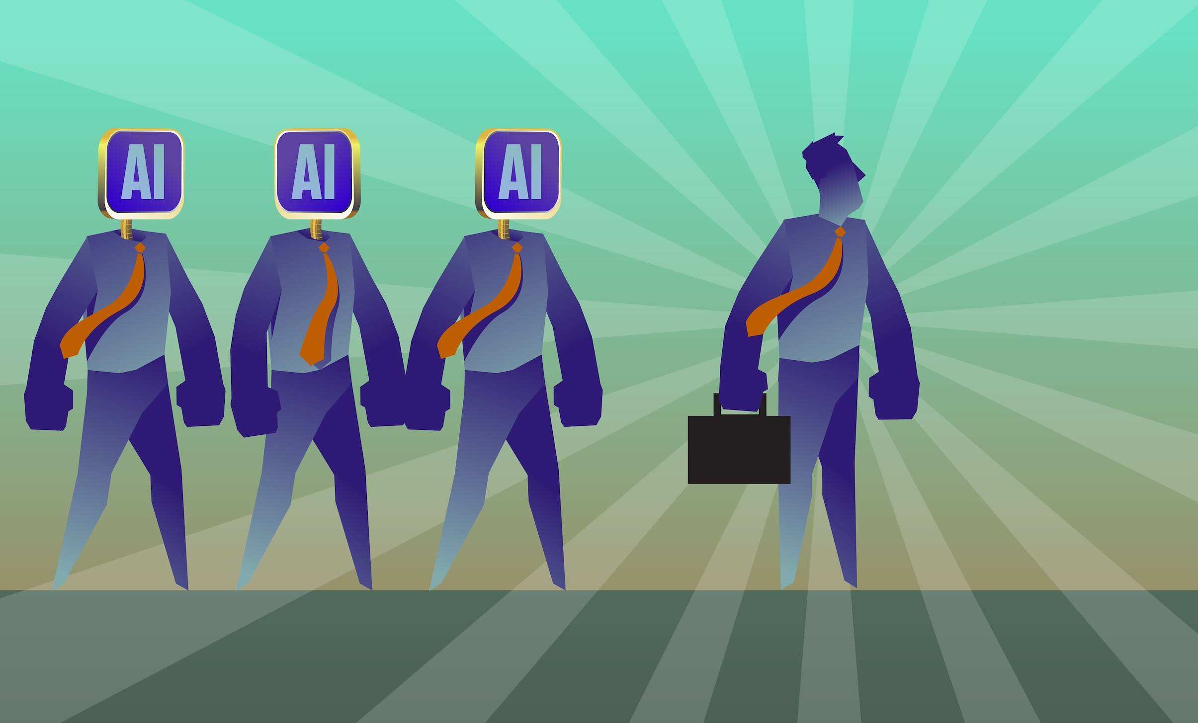 AI figures following behind a human